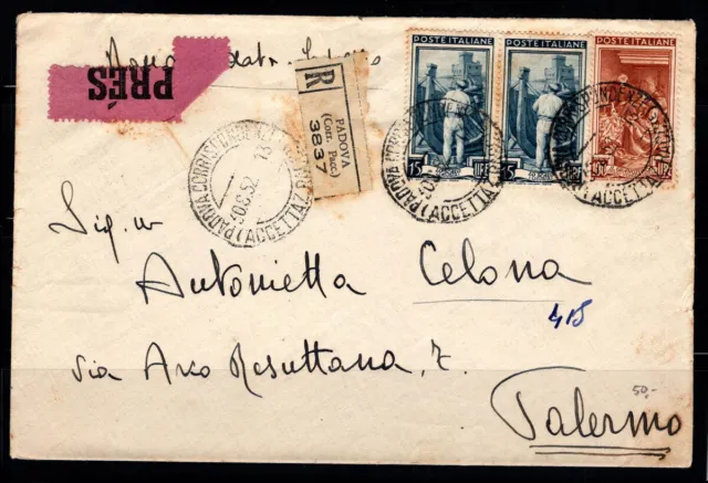 Italie République 1952 Enveloppe 80% oblitéré exprés Paermo, Recommandé