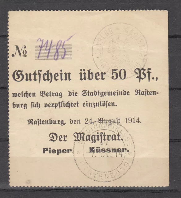 Rastenburg - City - 50 Pfennig - Dießner 310 - Kn Viol. Stylus Office - Type III