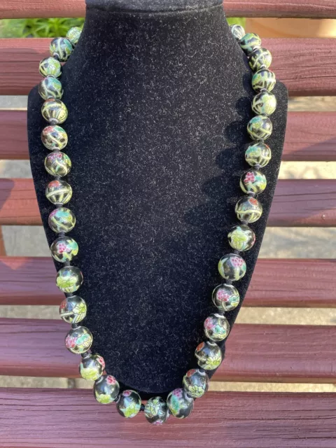 Vintage Japanese Cloisonné Necklace Japan. 23” Long, 15mm Beads