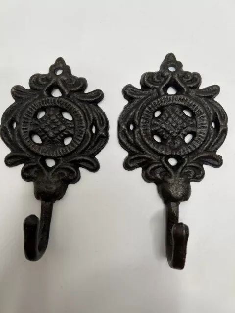 2 Ornate Metal Cast Iron Wall Hooks Rustic Black Finish Key, Towel, Coat Hanger