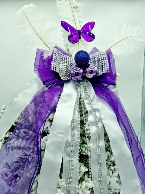 Purple White Silver Christmas Tree Topper Bow Large Handmade Luxury Bow Decor