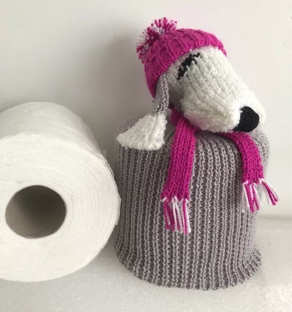 BEDLINGTON TERRIER DOG TOILET ROLL COVER with CERISE BOBBLE HAT & SCARF