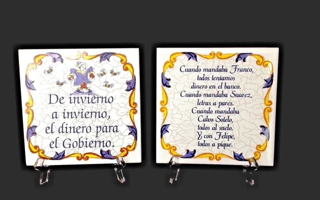 Pair VTG Spain Ceramic Talavera Hand-painted SPANISH PROVERB 6''x6'' Decor Tiles