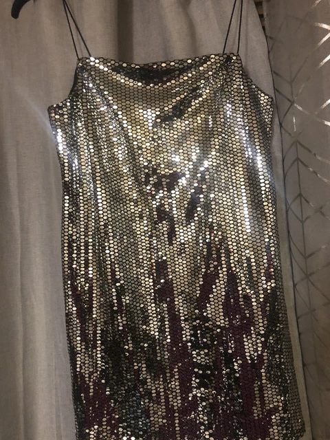 TOPSHOP PETITESILVER SEQUIN Mini Strappy Slip Dress UK 12. Worn