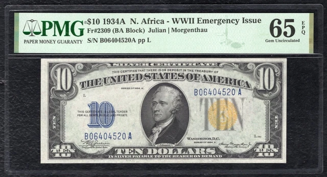Fr. 2309 1934-A $10 “North Africa” Silver Certificate Pmg Gem Uncirculated-65Epq
