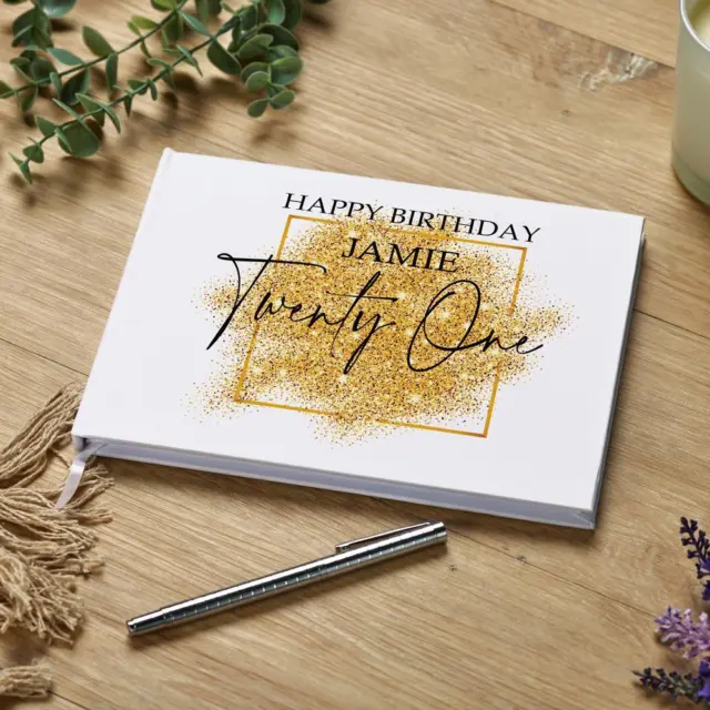 Libro de invitados de regalo de cumpleaños 21 personalizado diseño dorado brilla GB-173