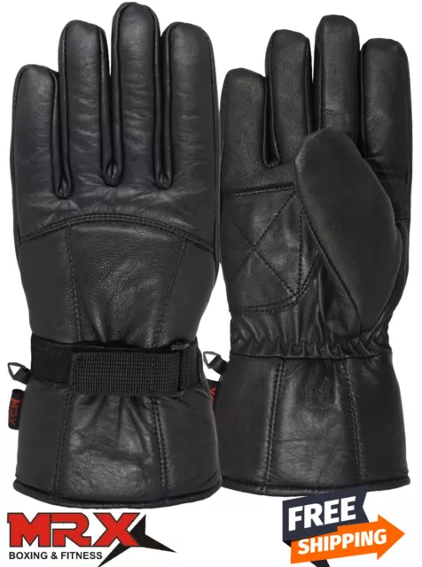 Mens Motorbike Leather Gloves Driving Riding Winter Gauntle Glove Thermal Lining