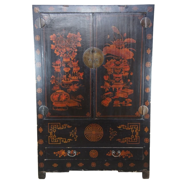 Antique Chinese Red & Black Lacquer Cupboard Wedding Cabinet Linen Press Armoire Antique Chinese Red & Black Lacquer Cupboard Wedding Cabinet Linen Press Armoire