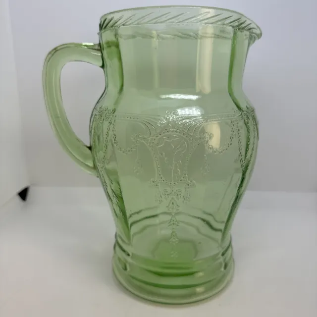Anchor Hocking Green Depression Vaseline Glass CAMEO BALLERINA Pitcher 8.5"
