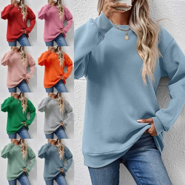 Womens Long Sleeve Plain Sweatshirt Tops Ladies Casual Baggy Crew Neck Pullover