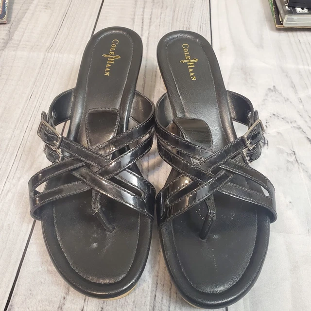 Cole Haan Womens Black Leather Criss-cross Cork Wedge Sandal Shoes Sz 9.5 B