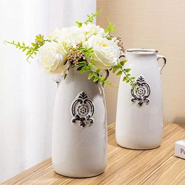Flower Vase w/ Handle and Embossed Seal Design, Tabletop Ceramic Vase, Set of 2