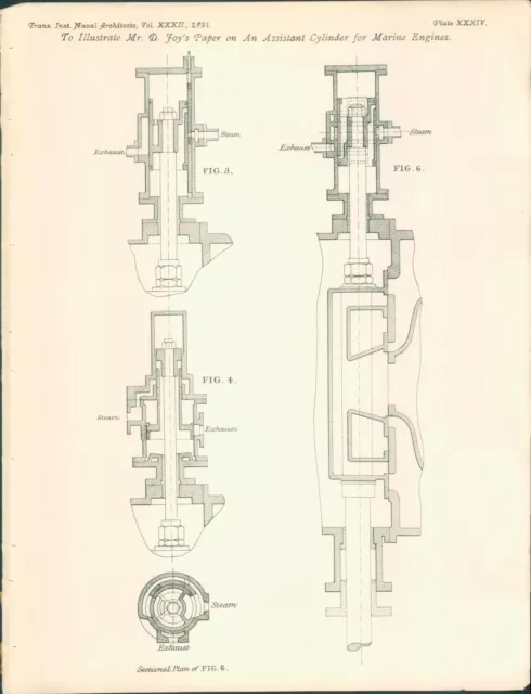 Antique Architects Print Naval Architecture Assistant Cylinder Marine Engines