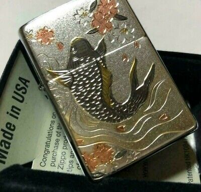 Zippo Japanese Carp Sakura Silver Electroformed Plate Brass Oil Lighter Japan