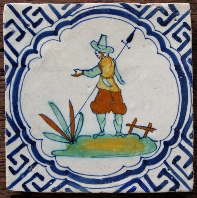 A very rare polychrome Dutch Delft delftware tile, carreau, Wing-li, c. 1640