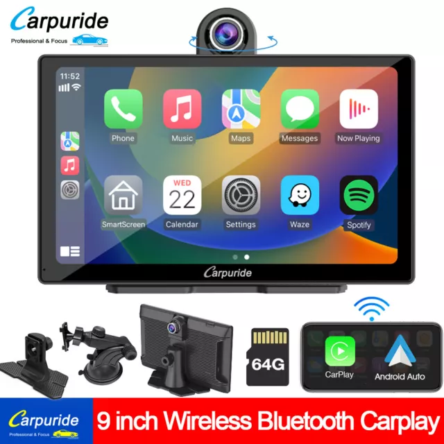Carpuride Car Stereo Radio Apple Carplay Android Auto 9" Wireless 2.5K Dash Cam
