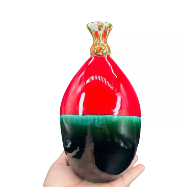 1970s Ceramic Hand Made Pottery Vase Hand Painted Marked By Artist Red Green 3