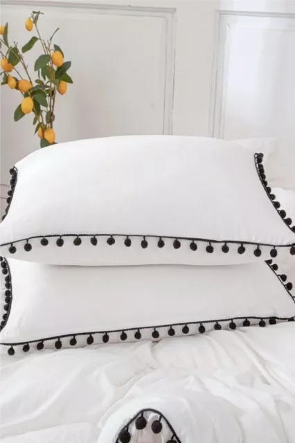 White Cotton Duvet Cover with black Pom Pom Duvet Cover With Buttons Bedding Set