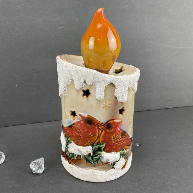 Kirkland's Ceramic Candle Christmas Candle Holder w/Cardinals & Snow 9"