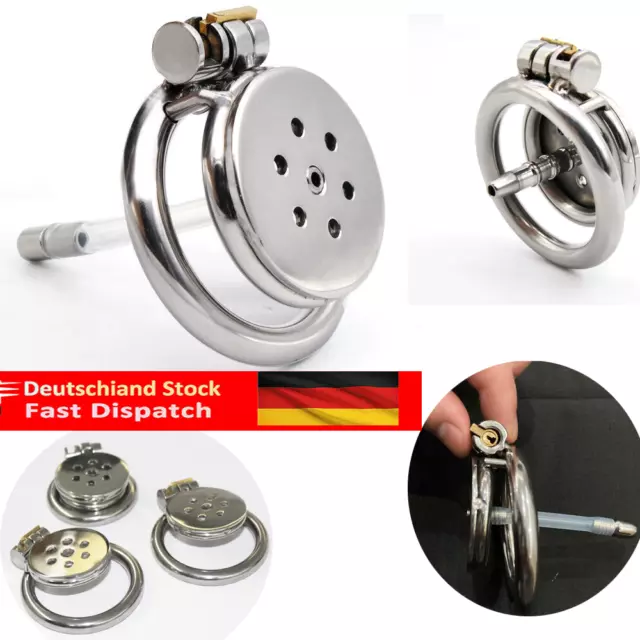 Male Edelstahl Keuschheits käfig Penis Ring mit Tube Flat Chastity Cage Device