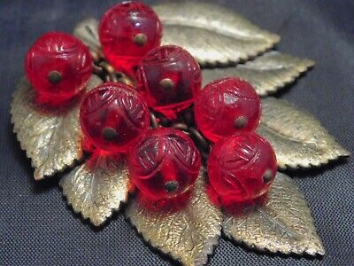 Antique Art Deco Nouveau Coral Red Dangle Cherry Berry Czech Glass Sash Brooch