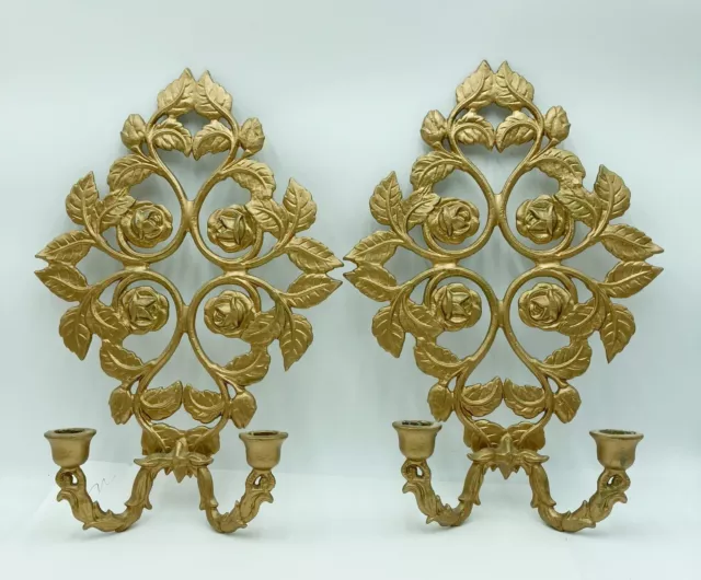 Pair Gold Roses Hollywood Regency Wall Candle Holder Sconce