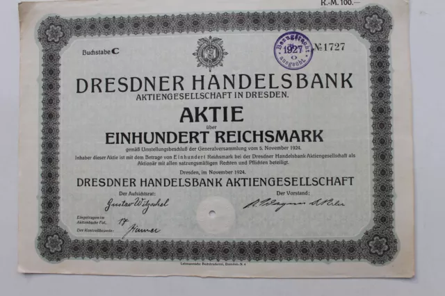 29395 Share Dresden Handelsbank Dresden 1924 100 Reichsmark Bank