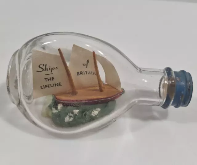 Vintage Ship in a Bottle 4" Handmade by Seamen Ships of the Britain Lifeline