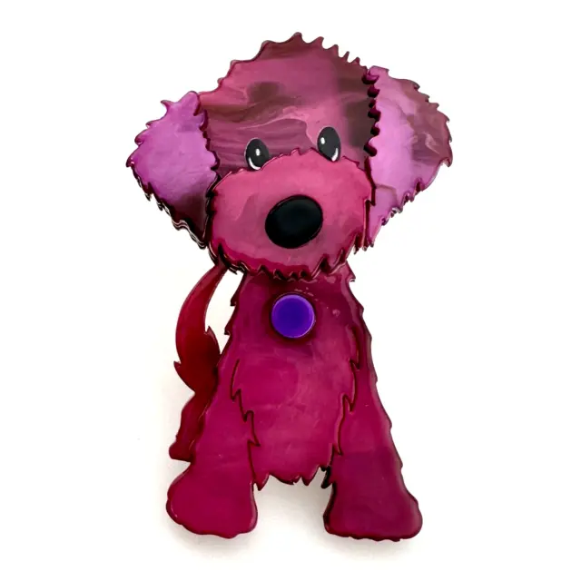 Acrylic Resin Brooch Cute Bright Pink Sitting Shaggy Puppy Dog Handmade Fashion