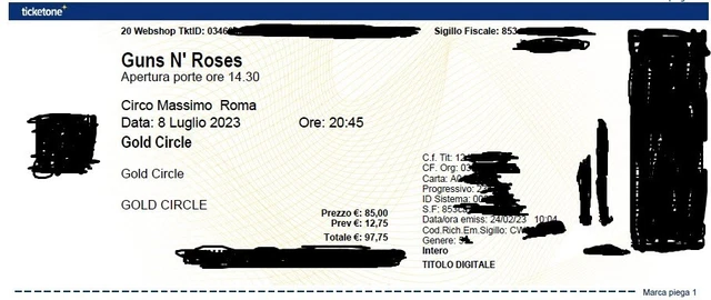 2 biglietti concerto Guns N'Roses a Roma 8 luglio 2023 gold circle