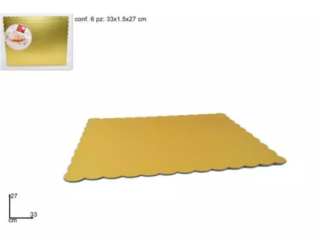 CONFEZIONE 6 PZ VASSOIO DOLCI TORTA PASTE RETTANGOLARE CARTONE ORO 33X27XH.3mm.