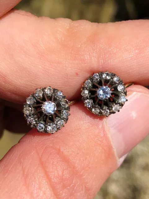 Antique Edwardian Natural Diamond Set Cluster Statment Earrings 14ct Gold