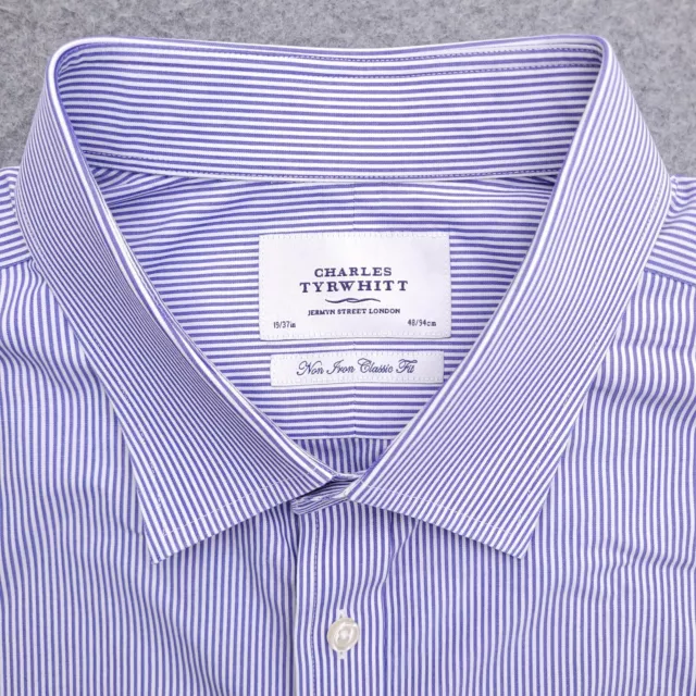 CHARLES TYRWHITT DRESS Shirt 19 37 Non Iron Classic Fit Blue White ...