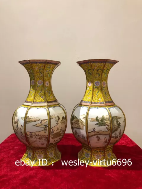 Palace Handmade Draw Old Copper Cloisonne Painted Enamel Gold Gilt Vase Pair