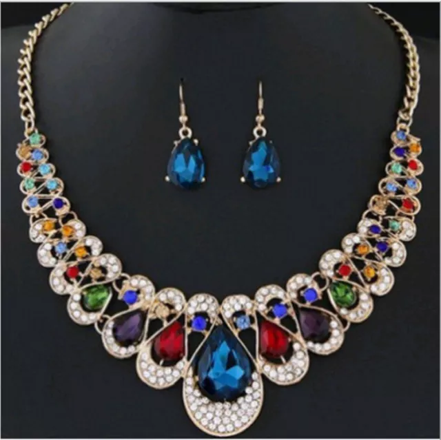 Women Shinny Necklace Earring Choker Natural Boho Jewelry Gypsy Bohemian Set