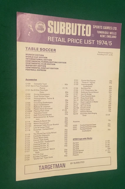 Subbuteo Accessories - Price List 1974 / 1975