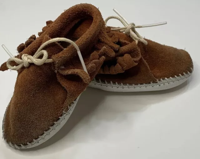 Vtg Taos Indian Maid Moccasins Rust Brown Toddler Soft Sole Fringe Sz 1 Suede