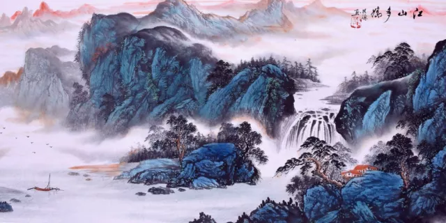 ORIENTAL ASIAN CHINESE FAMOUS SANSUI WATERCOLOR PAINTING-Mountains&cloud&sun