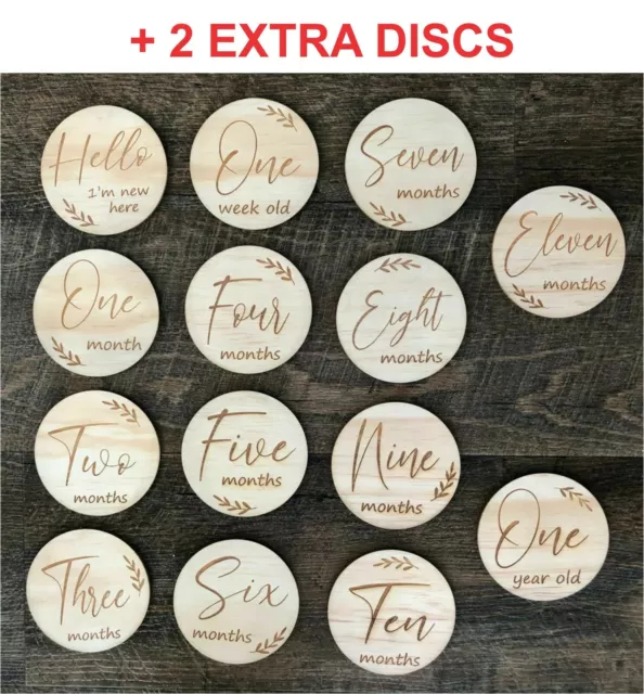 Wooden Milestone Cards Newborn Baby Shower Gift Month Cards Round Wood 16 Discs