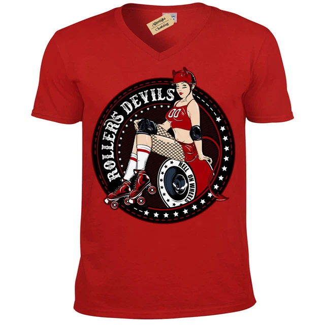 Rollers Diavoli T-Shirt Skate Skater Bambina Uomo Scollo a V