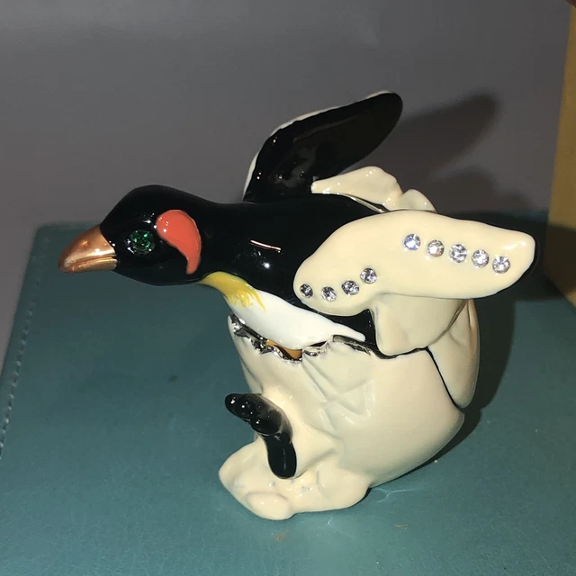 New Bejeweled Trinket Box Baby Penguin Hatching Egg Magnetic Hinged #2 Nice