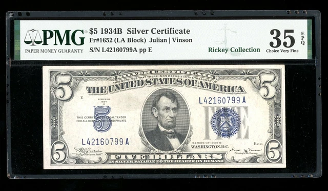DBR 1934-B $5 Silver Fr. 1652 Vinson LA Block PMG 35 EPQ Serial L42160799A