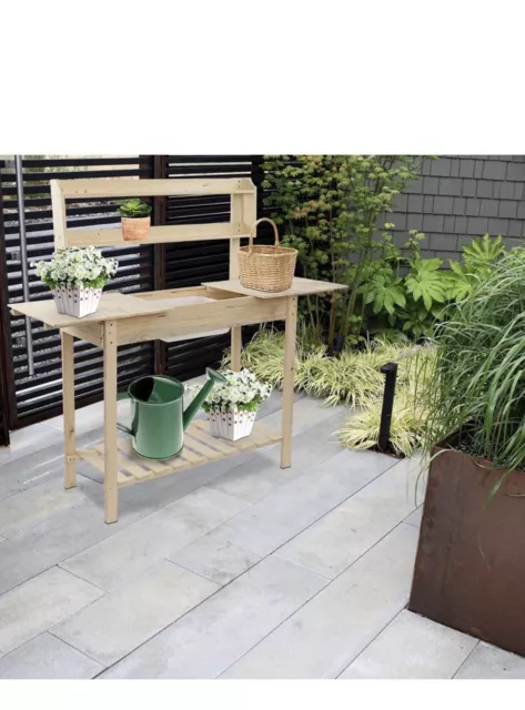 Garden Potting Bench, Wooden Workstation Table w/Sliding Tabletop/