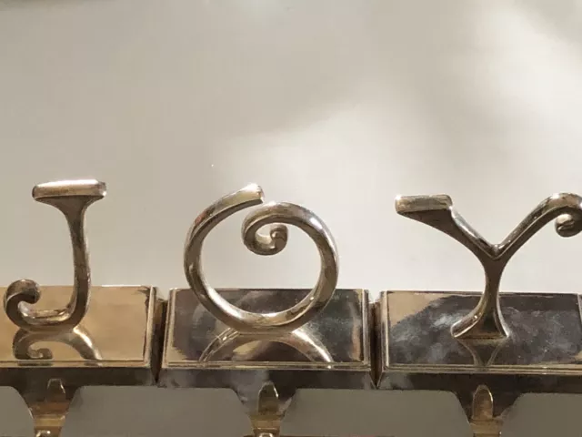 Pottery Barn “ Joy” Silver Tone Christmas Stocking Hanger Holder Heavy
