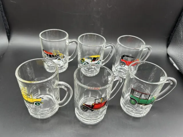 Vintage Set of 6 x Miniature Beer Glass Tankards with Car Designs - Excellent