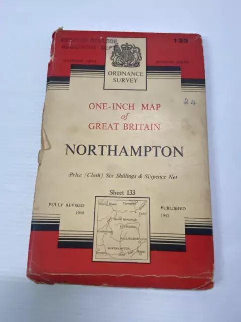 One Inch Ordnance Survey Map Sheet 133 Northampton  1953 Cloth - Vintage Foldout