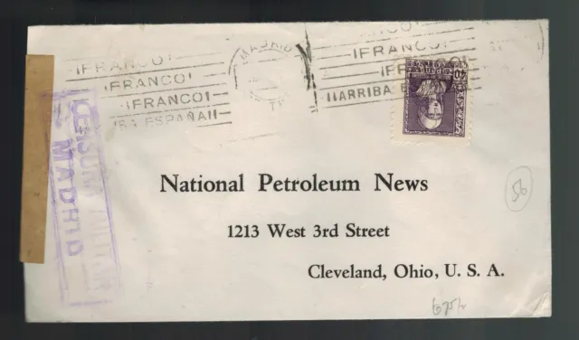 1940 Madrid Spain Airmail Censored cover to USA National Petroleum News OIL