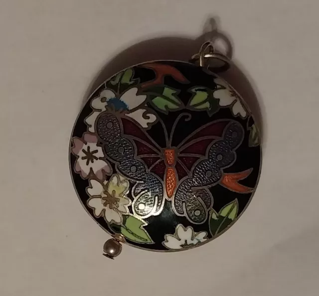 Vintage Cloisonné Round Shaped Enamel Pendant With Flowers & Butterfly