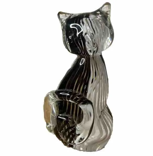 Vintage Art Glass Black & White Striped Cat Paperweight 4” Figurine Handmade EUC