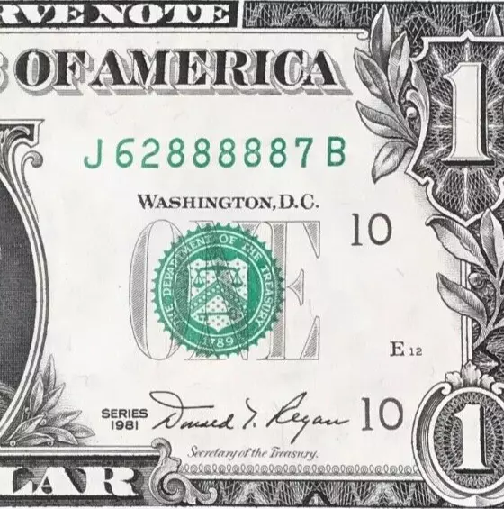 J 62888887 B : Five 8 's in a Row $1 One Dollar Bill